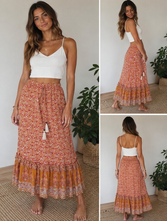 Cynthia Rowley Dresses & Skirts - Cynthia Rowley Boho Paislay Maxi Skirt Orange Tassel Tie